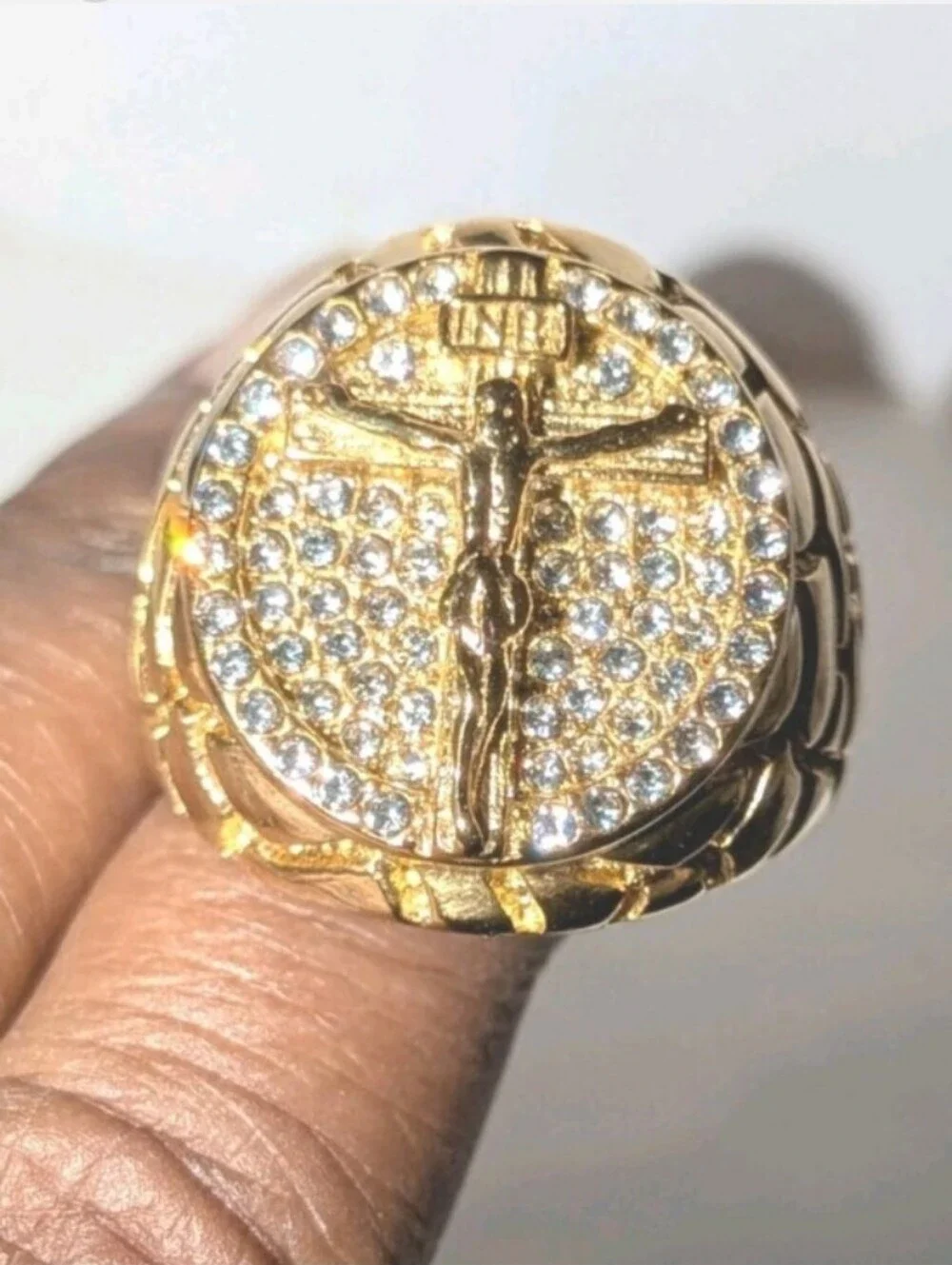 3ct Round CUT MOISSANITE MENS 14K YELLOW GOLD PLATED JEANS CRUSIFIX RING SZ 11